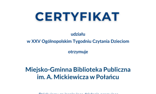 Zdjęcie do Certyfikat udziału w akcji czytania