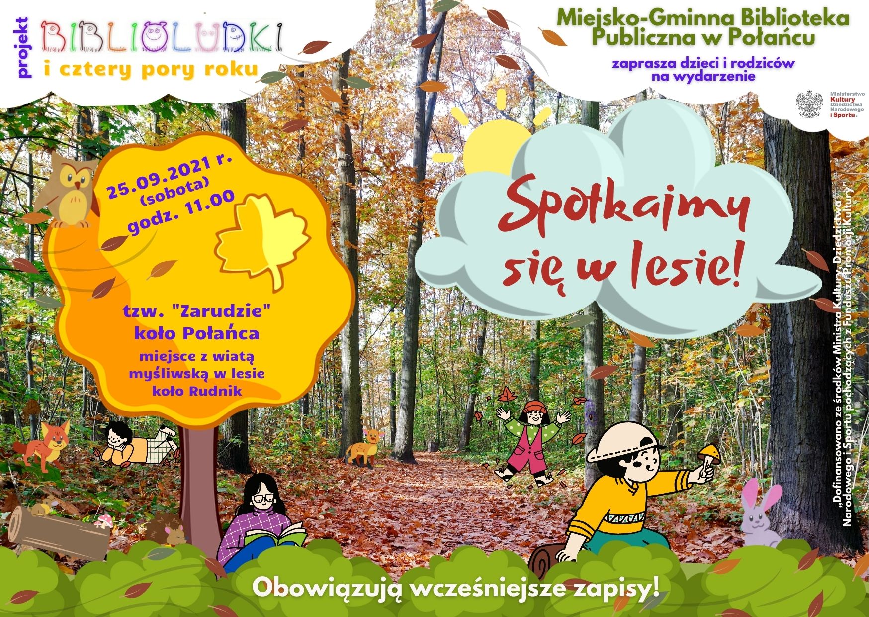 Plakat kolorowy, zaproszenie dla Biblioludków na spotkanie w lesie dnia 25 września 2021 roku