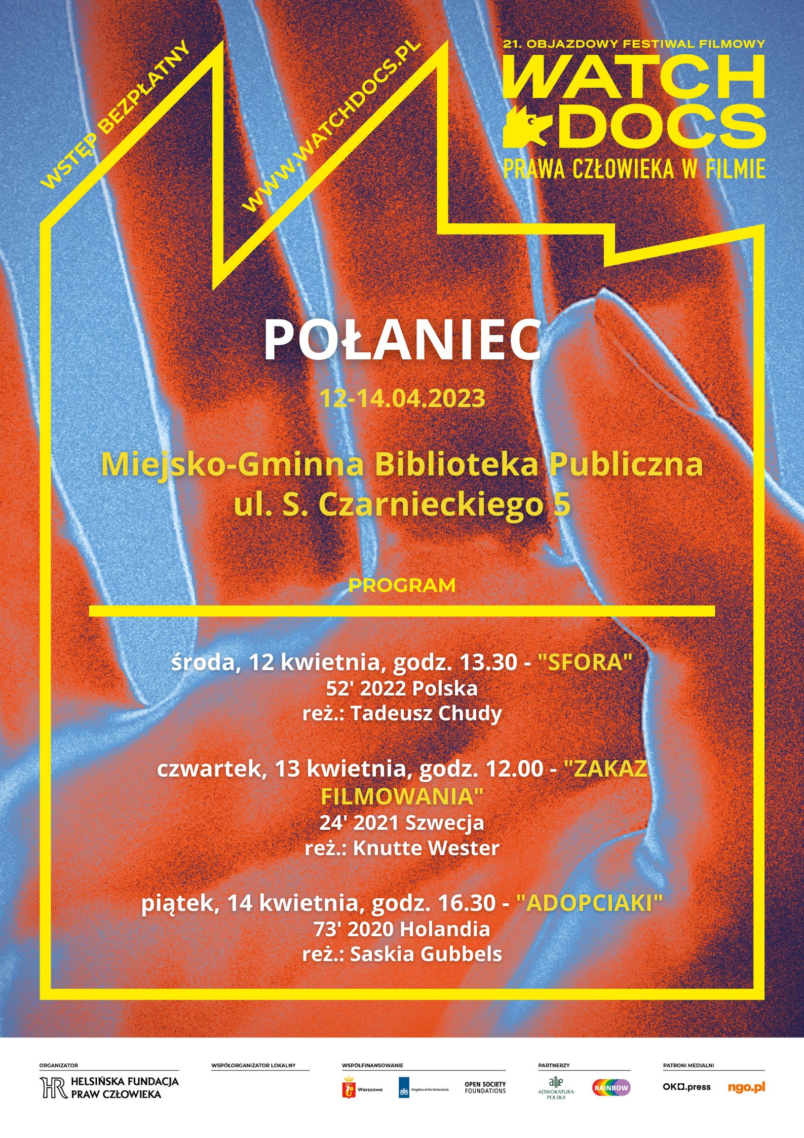 Plakat kolorowy zapraszający na seanse filmowe w Połańcu w ramach festiwalu docs festiwals