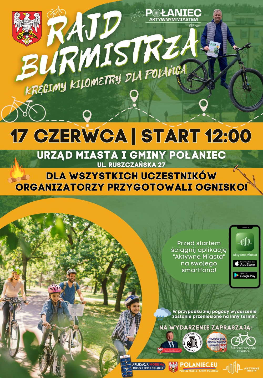 Plakat kolorowy, zaproszenie na rajd rowerowy burmistrza 17 czerwca 2023 roku o godzinie 12.00