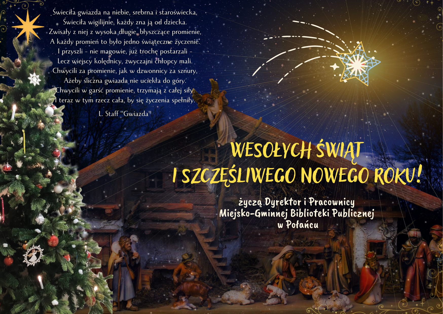 Kartka świąteczna, Wesołych Świąt i Szczęśliwego Nowego Roku życzą Dyrektor i Pracownicy Miejsko-Gminnej Biblioteki Publicznej w Połańcu
